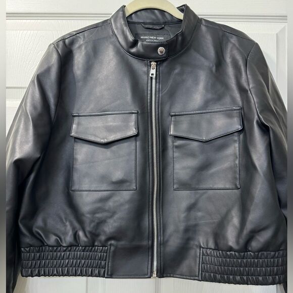 New Marc New York by Andrew Marc Faux Leather Black Bomber Jacket Women’s Sz L - Picture 3 of 11